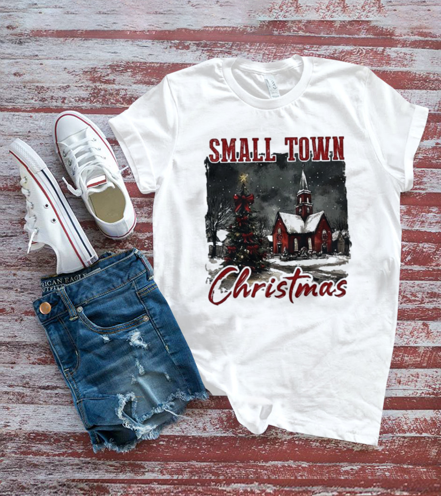 Vintage Retro Small Town Christmas Church Scene T-Shirt