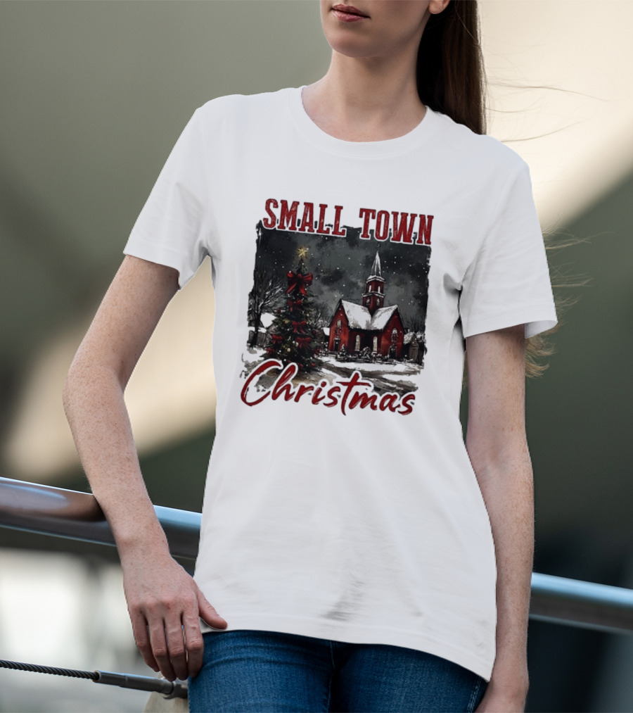 Vintage Retro Small Town Christmas Church Scene T-Shirt