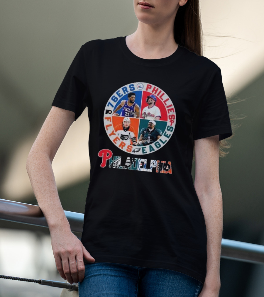 76ers Phillies Flyers Eagles Philadelphia Team Signatures T-Shirt