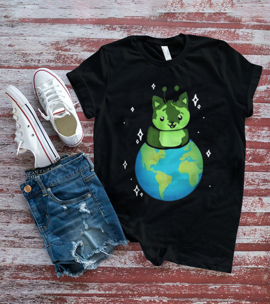 Cult Of Biscuit Alien Biscuit Cat Globe Stars T-Shirt