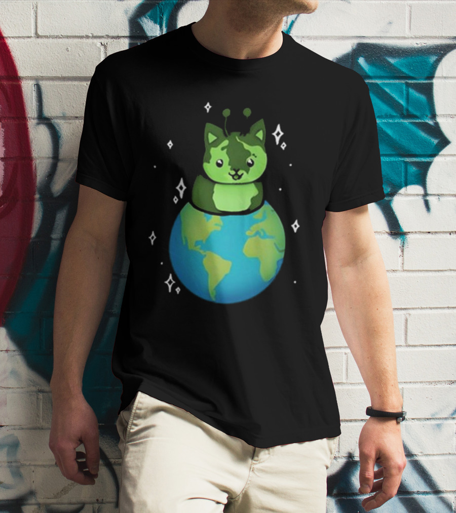 Cult Of Biscuit Alien Biscuit Cat Globe Stars T-Shirt