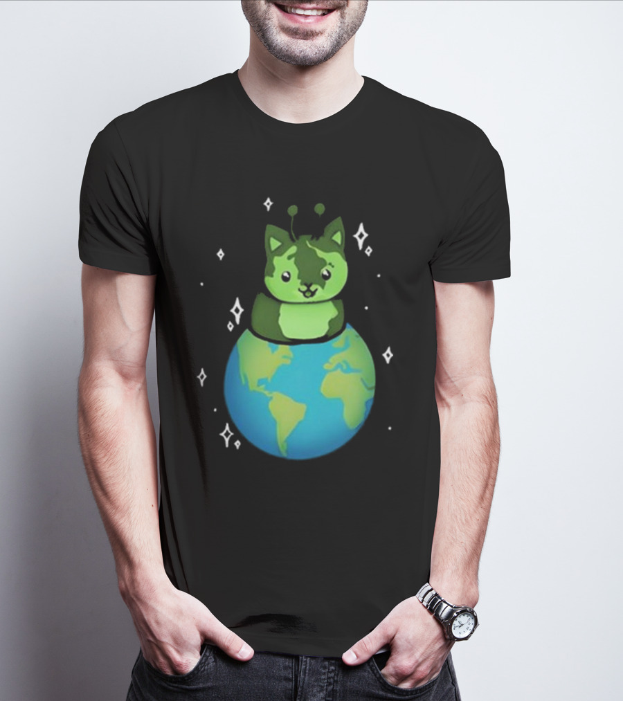 Cult Of Biscuit Alien Biscuit Cat Globe Stars T-Shirt