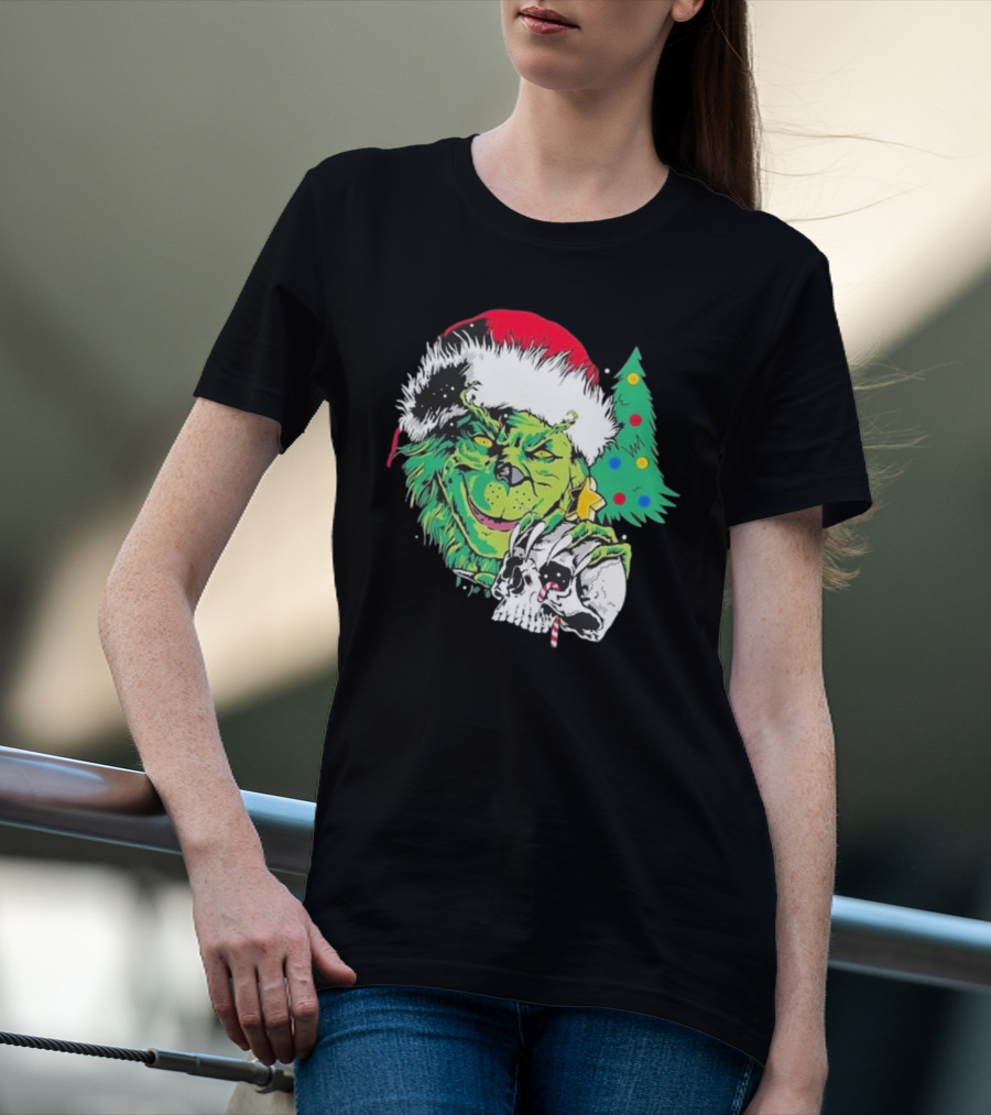 Grinch Santa Hat Skull Christmas Tree Scene T-Shirt