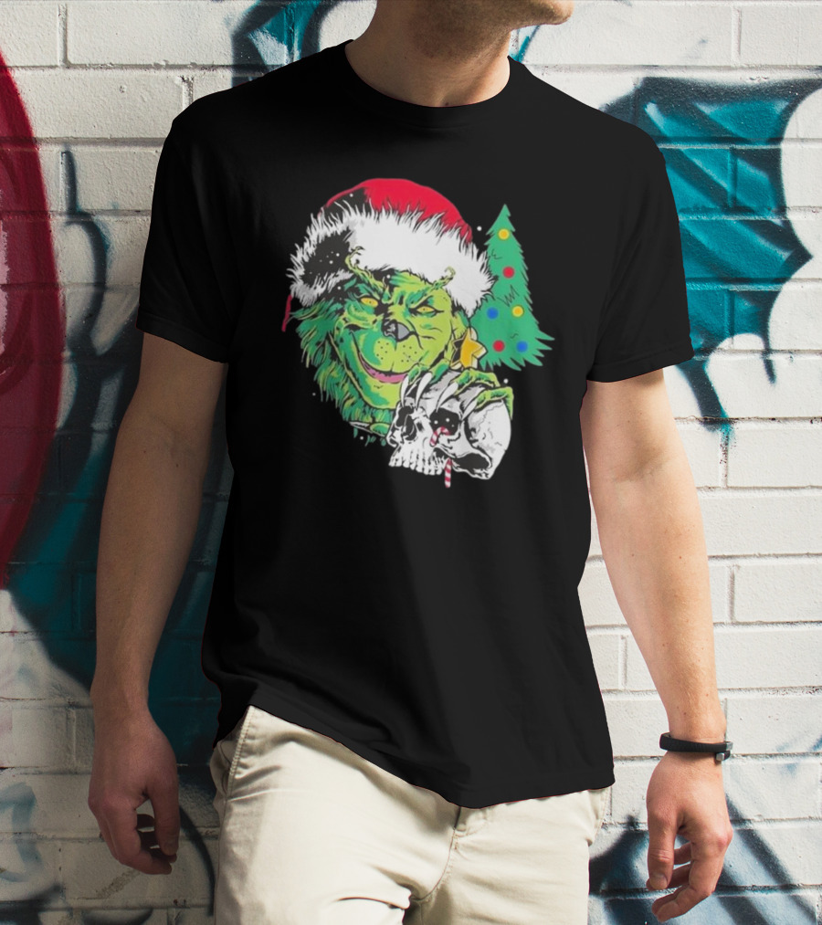 Grinch Santa Hat Skull Christmas Tree Scene T-Shirt