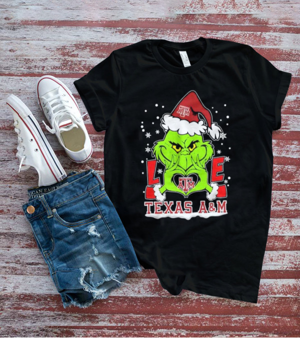 Grinch Heart Hands Love Texas A&M Aggies Christmas Santa Hat T-Shirt
