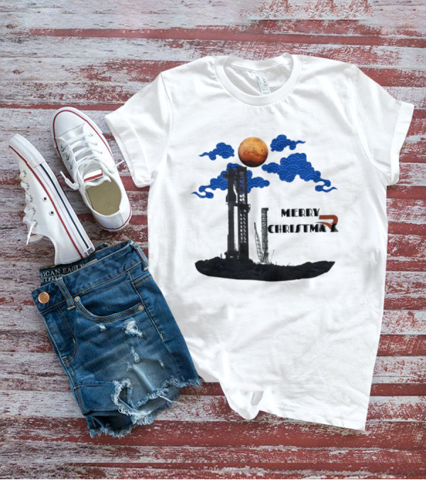 Merry Christmas Mars Rocket Mars Planet Blue Clouds T-Shirt