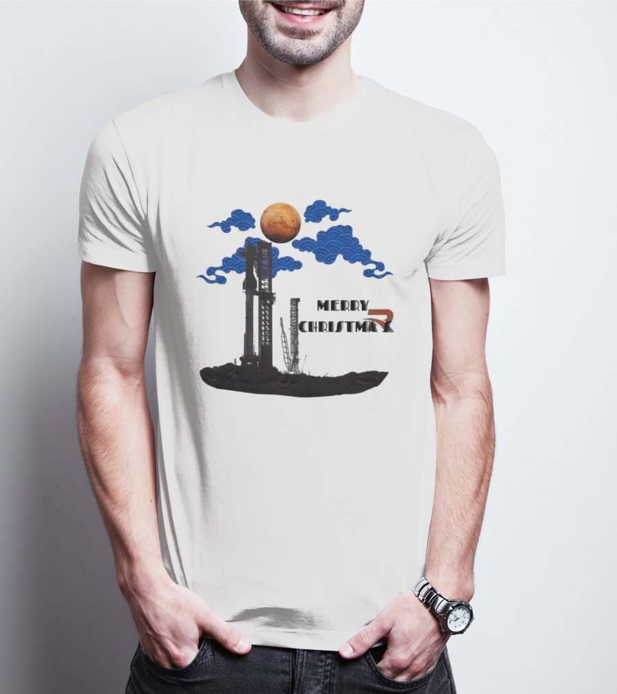 Merry Christmas Mars Rocket Mars Planet Blue Clouds T-Shirt
