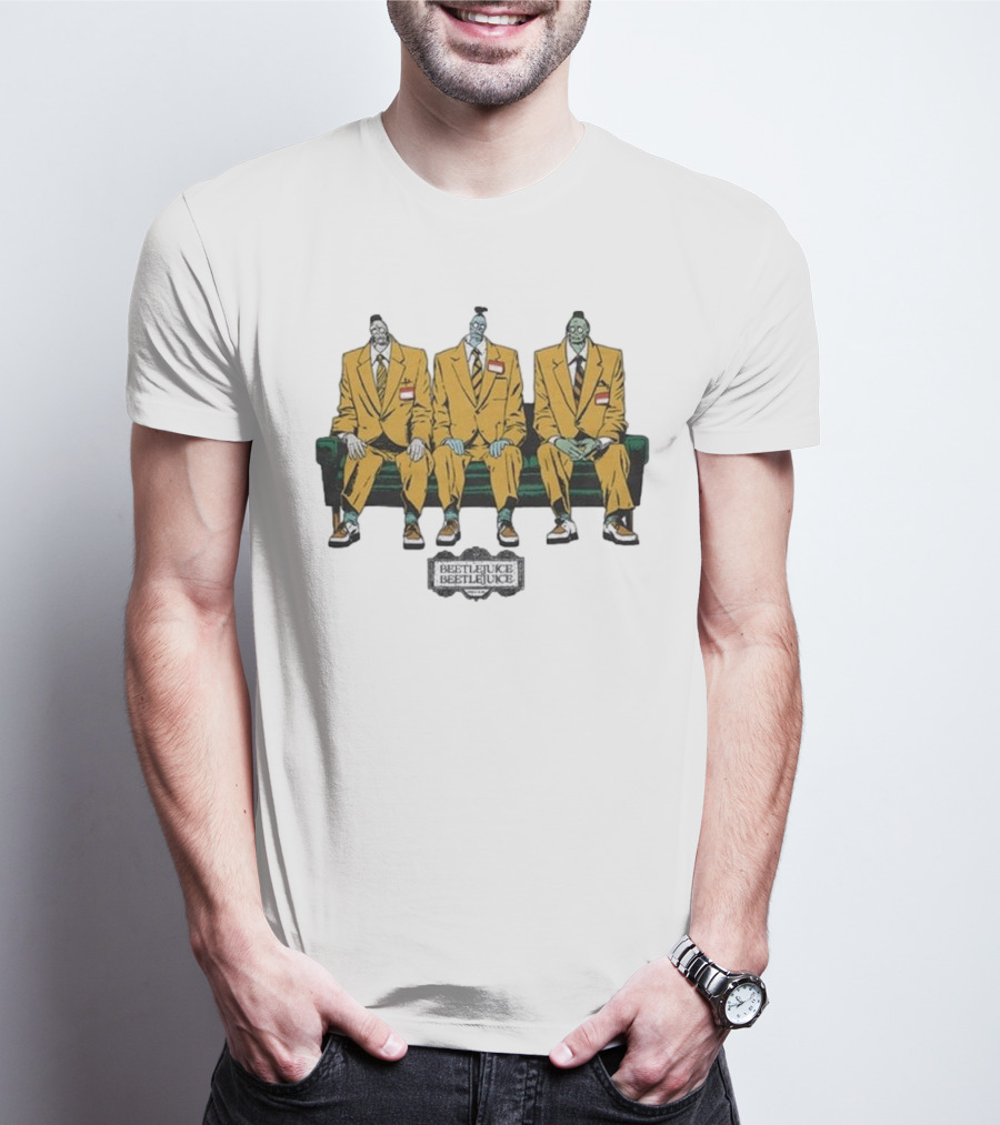 Beetlejuice Trio In Yellow Suits Sitting On Green Couch T-Shirt