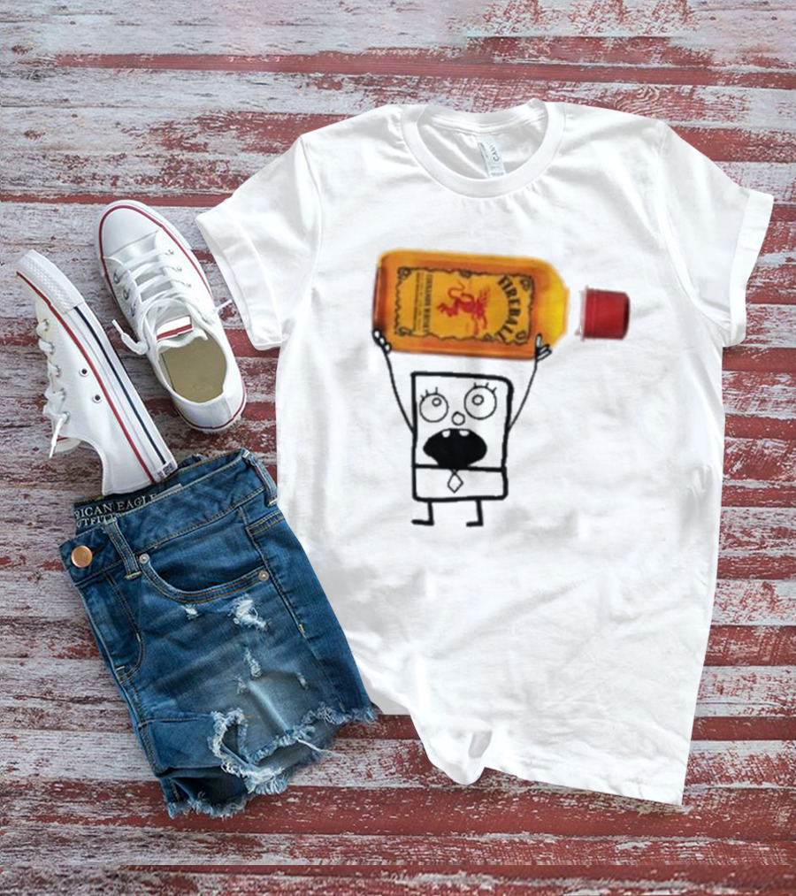 Doodlebob Fireball Whiskey Character Holding Iconic Liquor Bottle T-Shirt