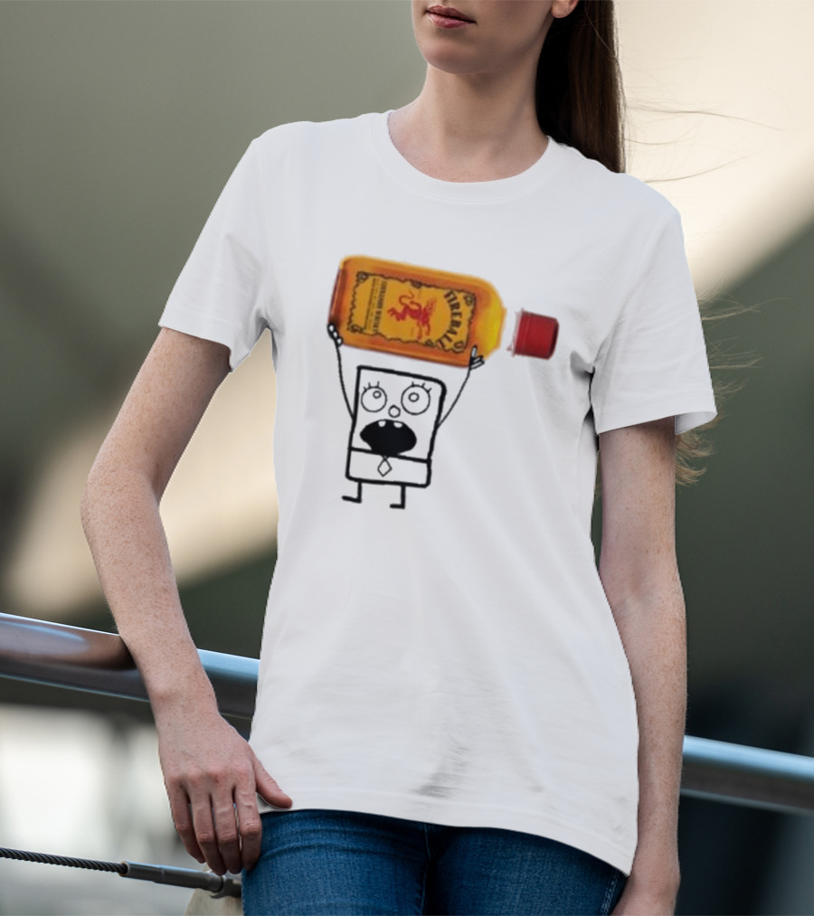 Doodlebob Fireball Whiskey Character Holding Iconic Liquor Bottle T-Shirt