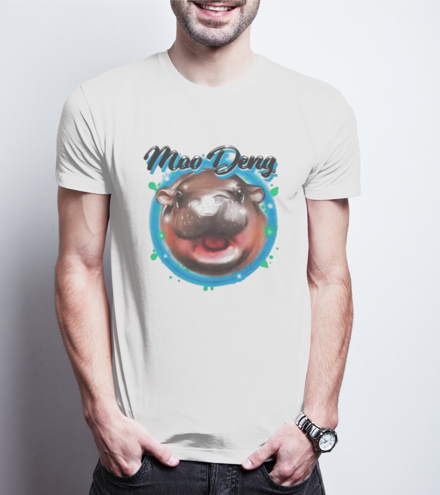 Moo Deng Cute Hippo Face With Blue Background T-Shirt