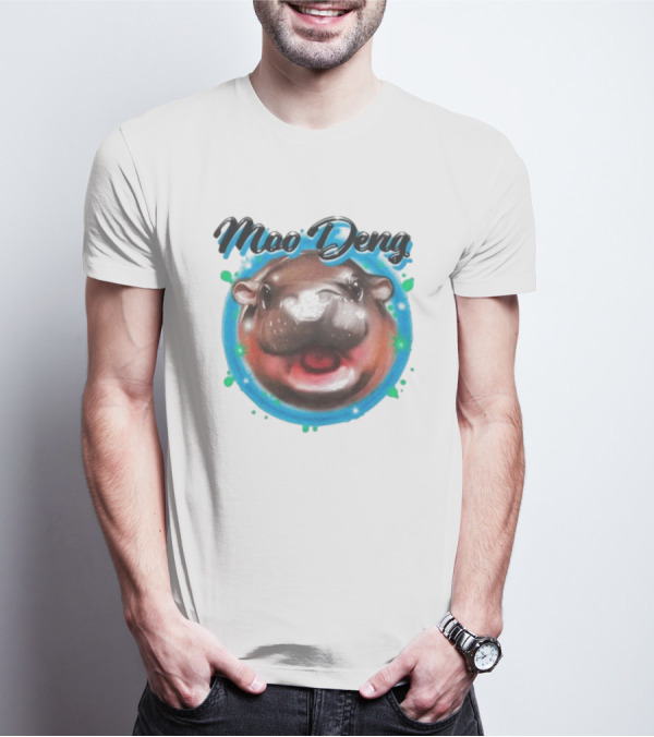 Moo Deng Cute Hippo Face With Blue Background T-Shirt