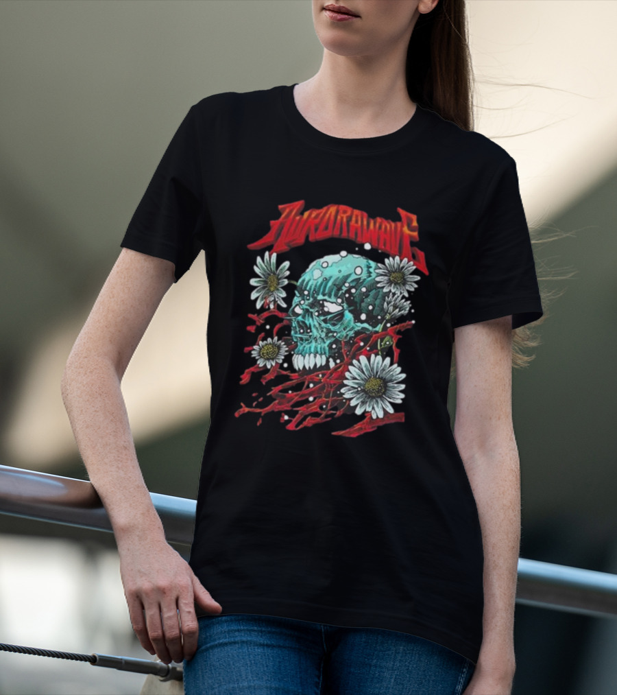Aurora Wave Skull With Flowers And Red Vines T-Shirt