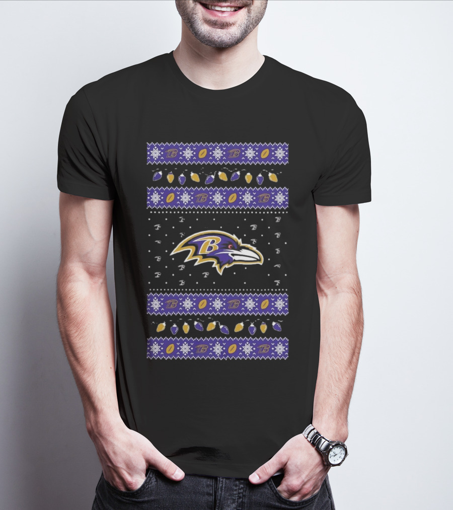 Baltimore Ravens NFL Festive Ugly Sweater Holiday Lights Christmas T-Shirt