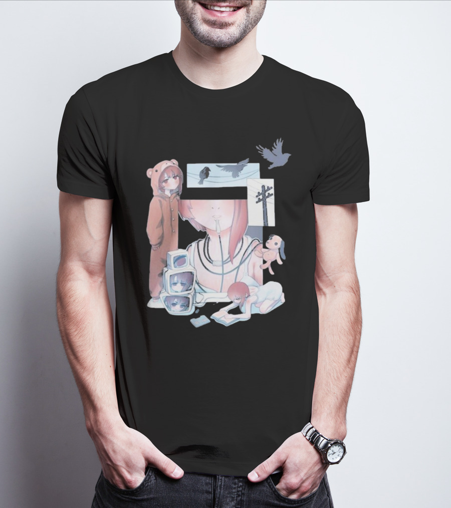 Serial Experiments Lain Wired Bear Hoodie Monitors And Flock Of Birds T-Shirt
