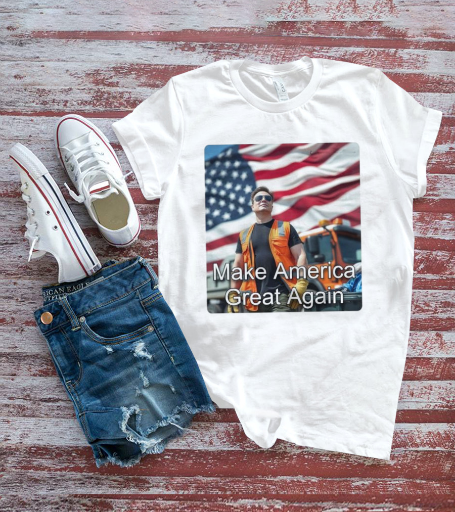 Make America Great Again Elon Musk In Orange Vest With American Flag Background T-Shirt