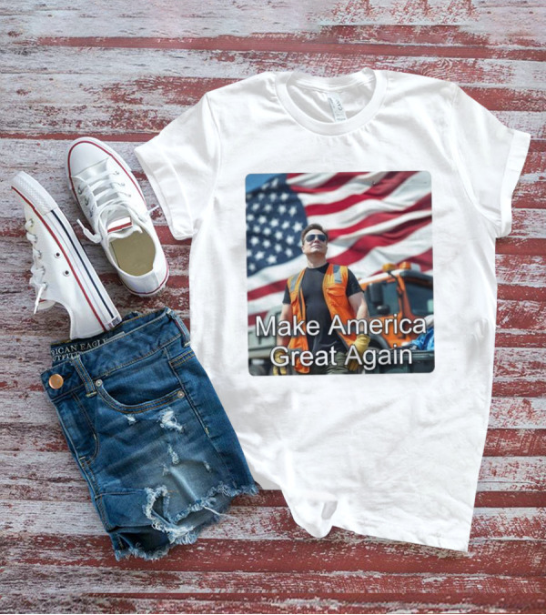 Make America Great Again Elon Musk In Orange Vest With American Flag Background T-Shirt