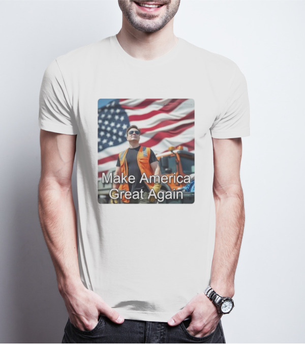 Make America Great Again Elon Musk In Orange Vest With American Flag Background T-Shirt