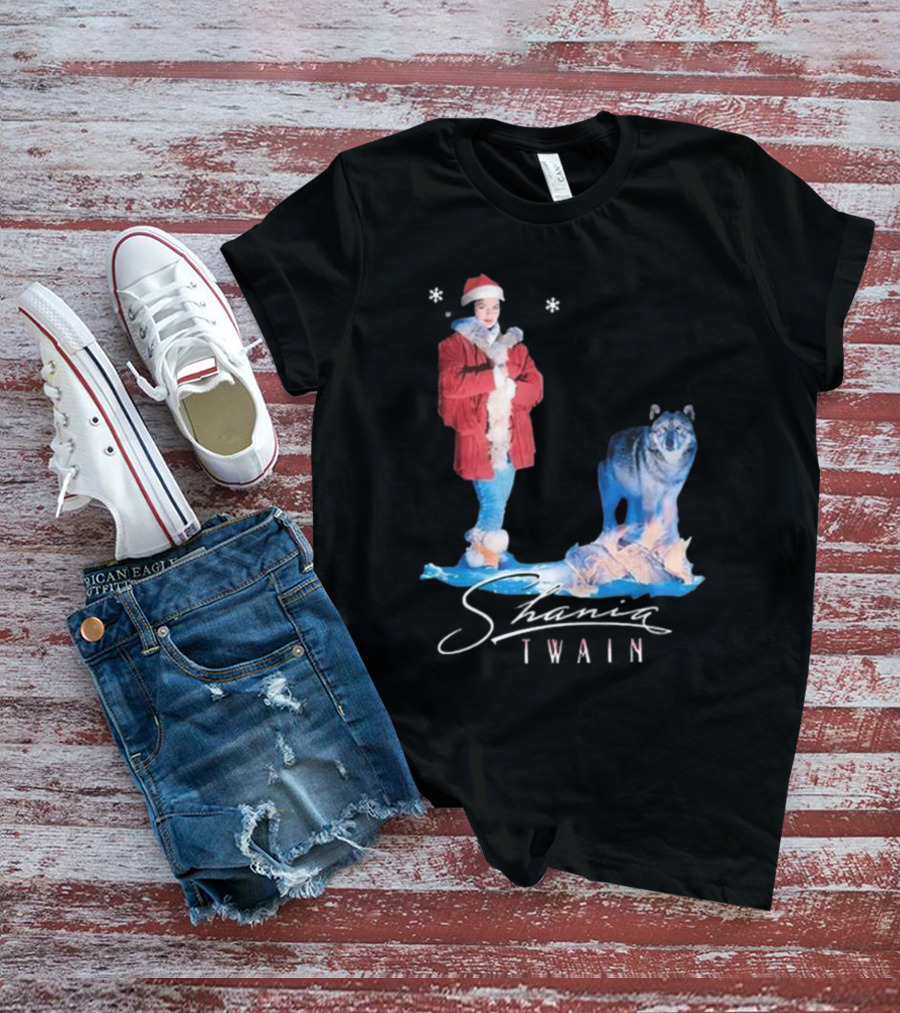Shania Twain Holiday Santa Wolf Winter Scene T-Shirt