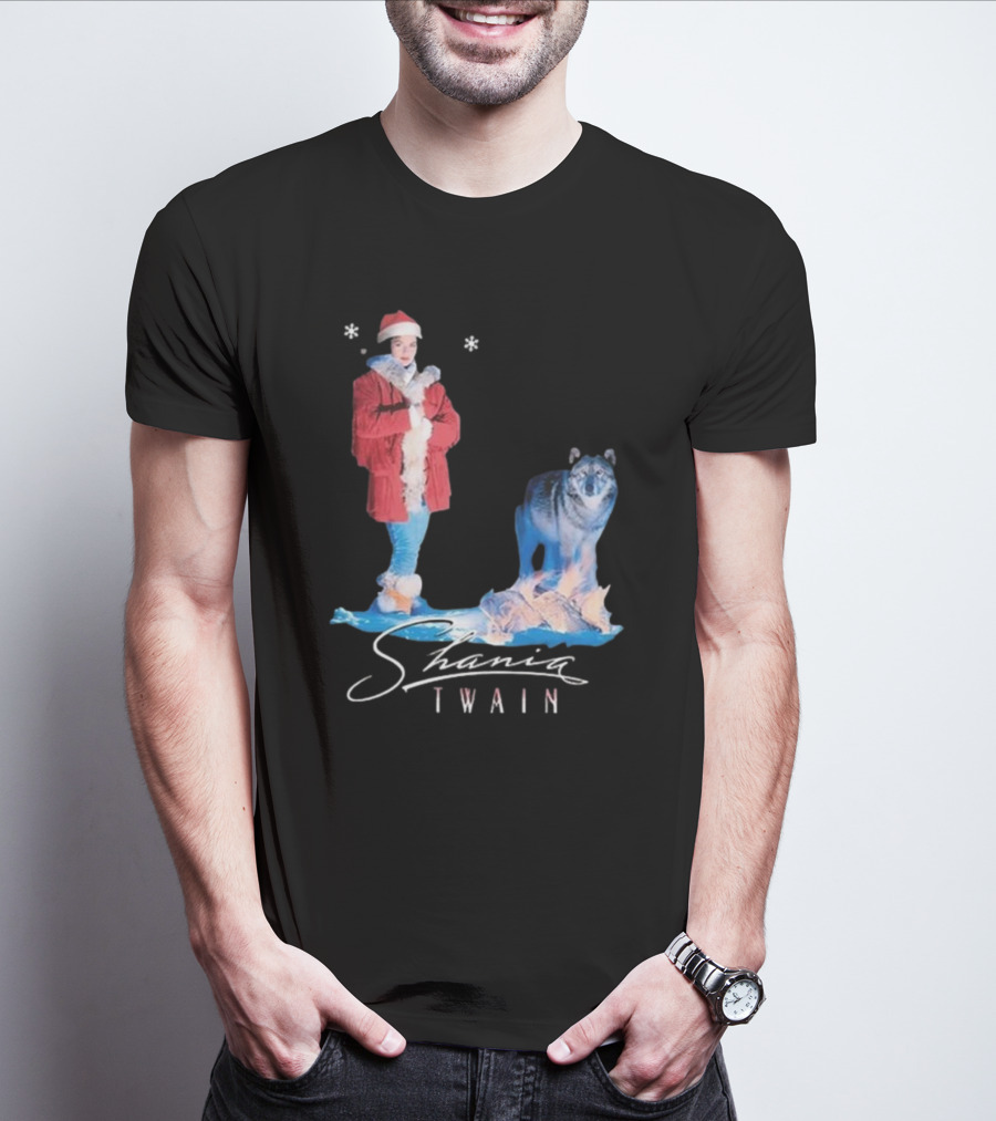 Shania Twain Holiday Santa Wolf Winter Scene T-Shirt