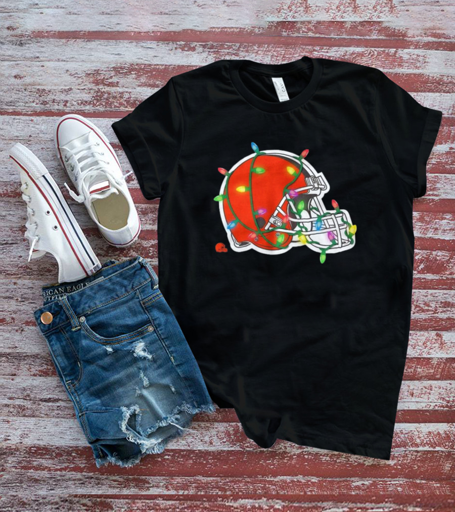 Cleveland Browns Helmet Wrapped In Holiday Lights T-Shirt
