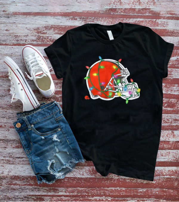 Cleveland Browns Helmet Wrapped In Holiday Lights T-Shirt