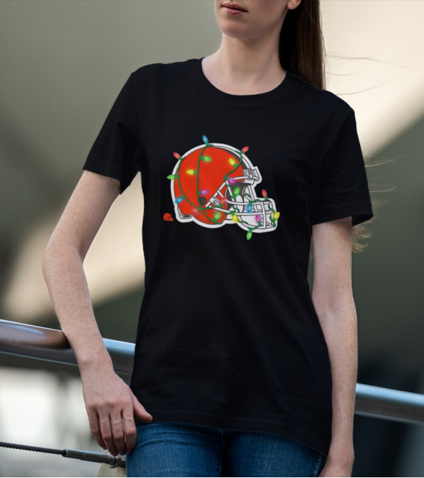 Cleveland Browns Helmet Wrapped In Holiday Lights T-Shirt