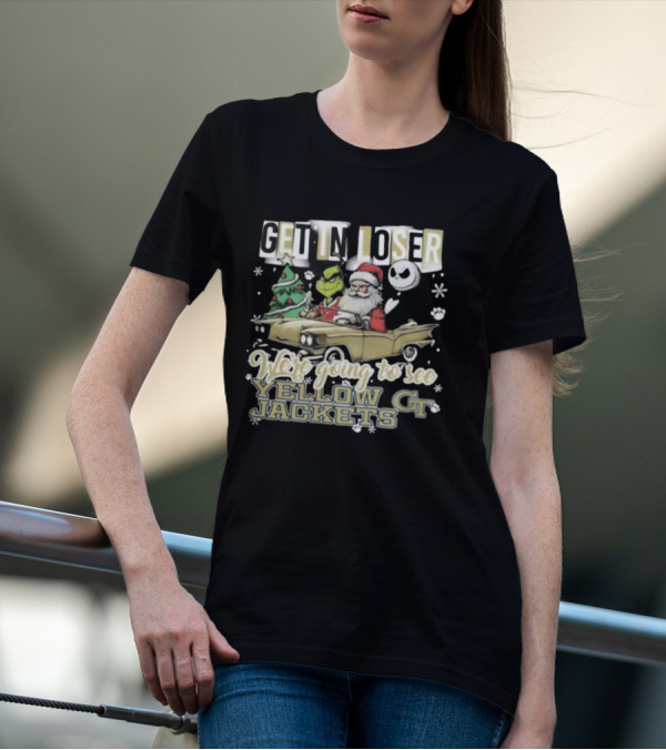 Get In Loser Grinch Santa Jack Skellington Driving Car We’re Going To See Yellow Jackets GT Christmas T-Shirt