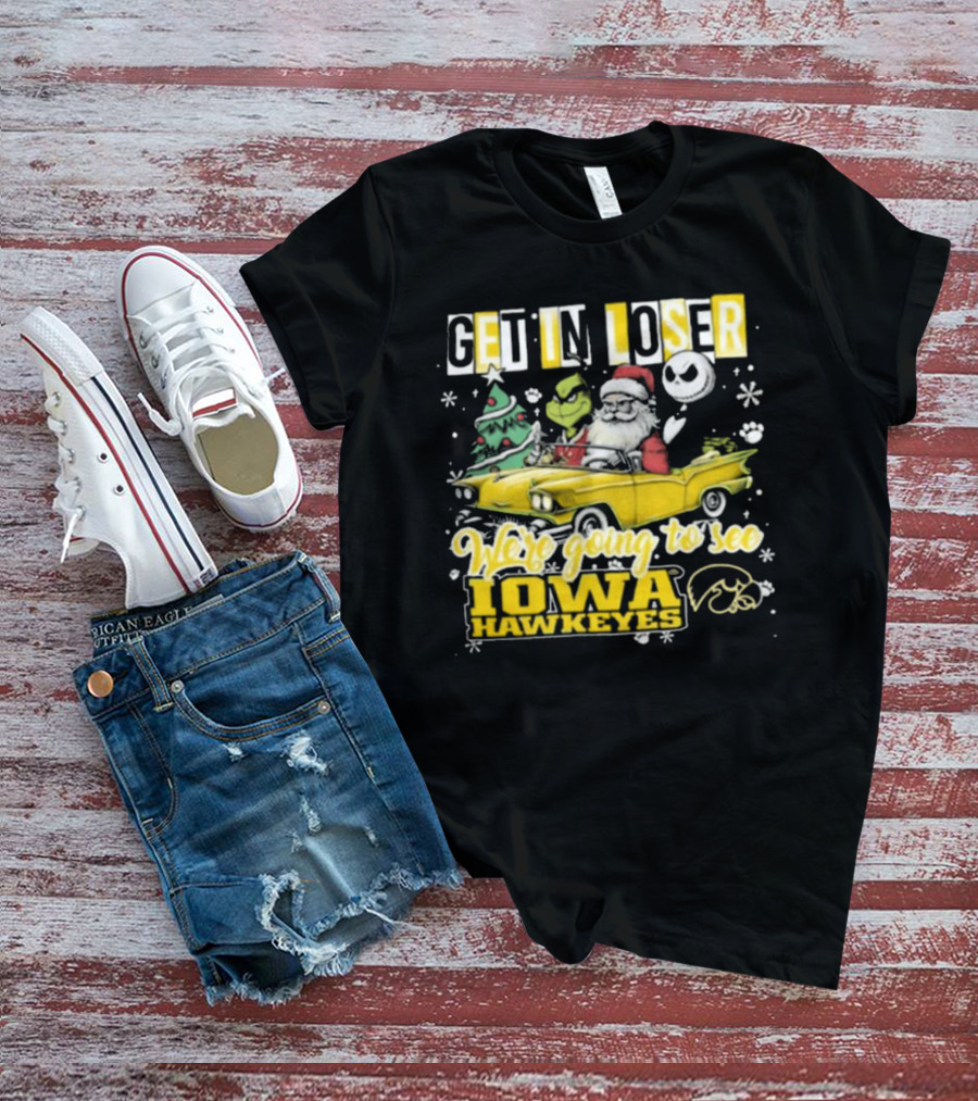 Get In Loser Santa Grinch Jack Skellington Driving To Iowa Hawkeyes Christmas T-Shirt