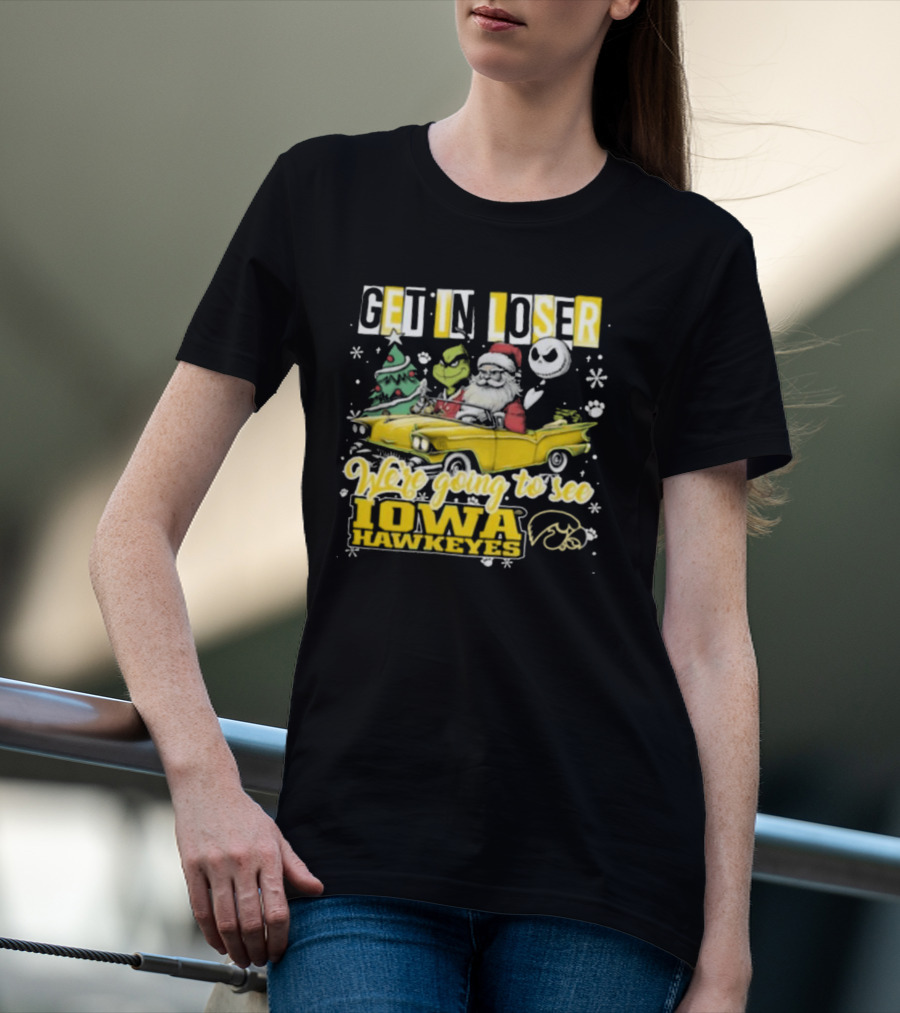 Get In Loser Santa Grinch Jack Skellington Driving To Iowa Hawkeyes Christmas T-Shirt