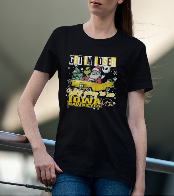 Get In Loser Santa Grinch Jack Skellington Driving To Iowa Hawkeyes Christmas T-Shirt