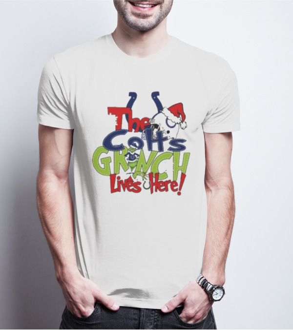 The Indianapolis Colts Grinch Lives Here Christmas Santa Hat T-Shirt