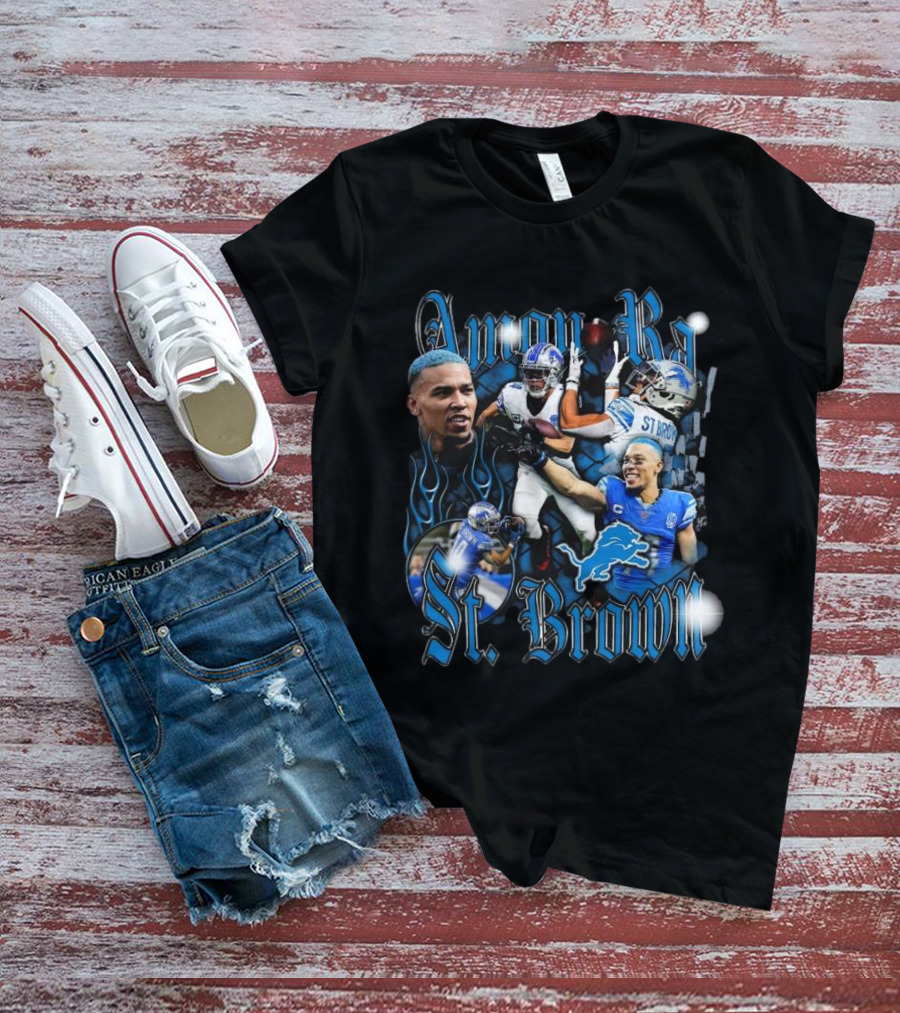 Amon-Ra St. Brown Detroit Lions Player NFL Football Legend Blue Flames T-Shirt