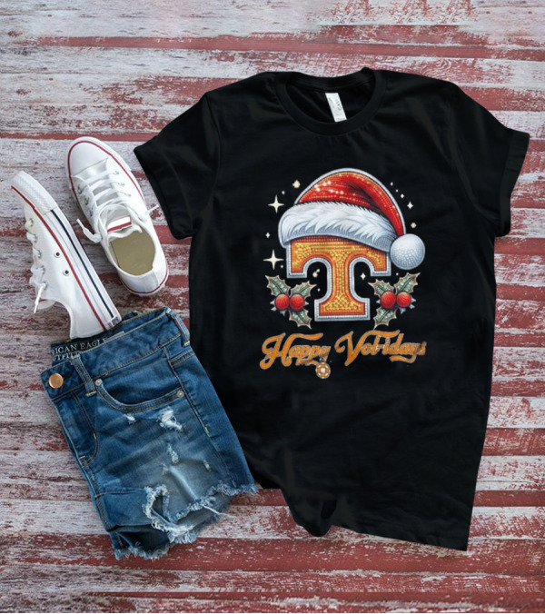 Happy Vol-idays Santa Hat T With Holly And Stars T-Shirt