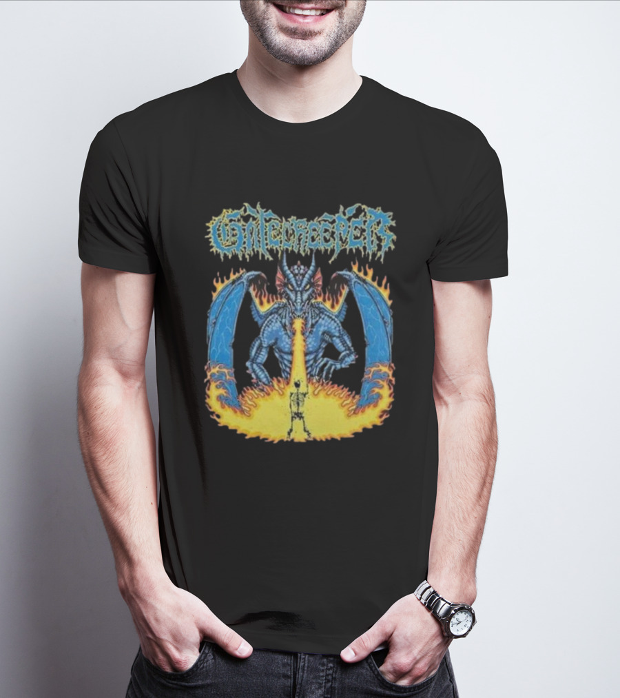 Gatecreeper Blue Dragon Breathing Fire With Fiery Surroundings T-Shirt