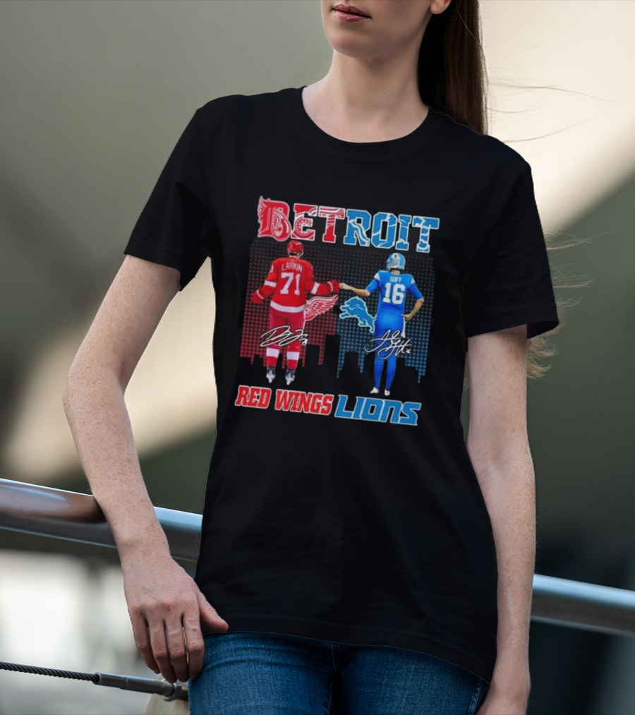 Larkin 71 Detroit Red Wings Goff 16 Detroit Lions Signature Collaboration T-Shirt