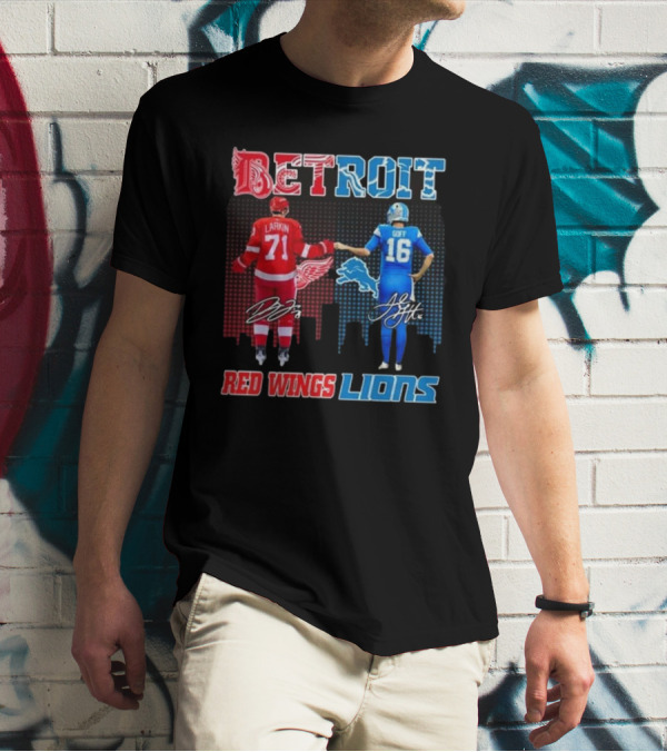 Larkin 71 Detroit Red Wings Goff 16 Detroit Lions Signature Collaboration T-Shirt