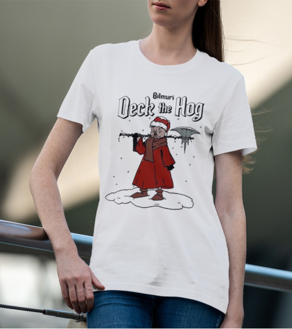 Bilmuri Deck The Hog Santa Pig Holding Weapon Snow Scene T-Shirt