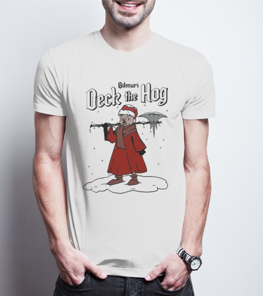 Bilmuri Deck The Hog Santa Pig Holding Weapon Snow Scene T-Shirt