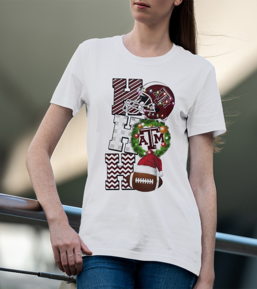 Texas A M Aggies Football Christmas Ho Ho Ho ATM Helmet Wreath Football T-Shirt