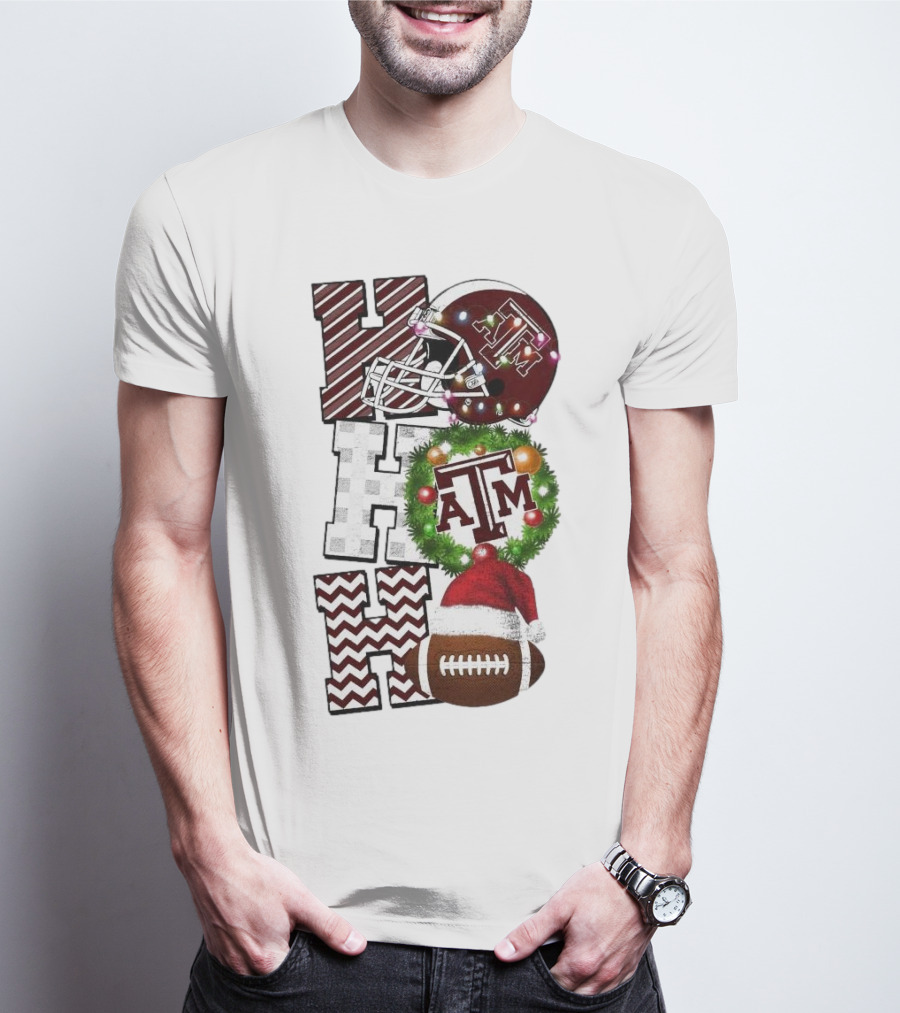 Texas A M Aggies Football Christmas Ho Ho Ho ATM Helmet Wreath Football T-Shirt