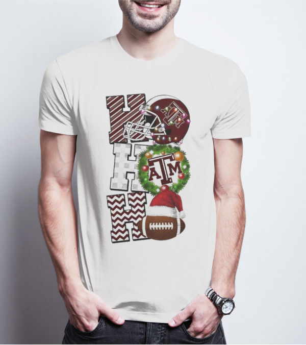 Texas A M Aggies Football Christmas Ho Ho Ho ATM Helmet Wreath Football T-Shirt