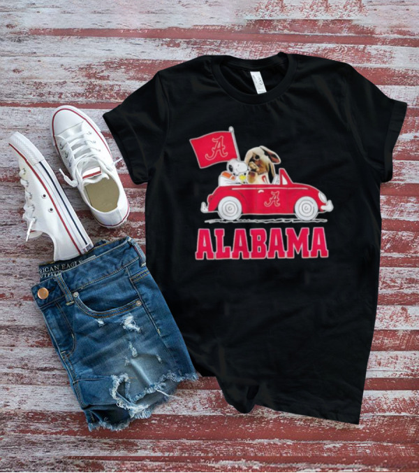 Snoopy And Big Al Driving Red Car With Alabama Flag Crimson Tide T-Shirt