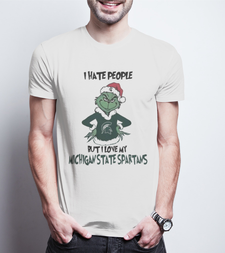 I Hate People But I Love My Michigan State Spartans Grinch Christmas Santa Hat T-Shirt
