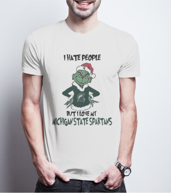 I Hate People But I Love My Michigan State Spartans Grinch Christmas Santa Hat T-Shirt