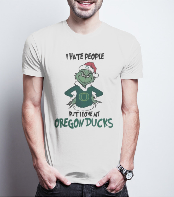 I Hate People But I Love My Oregon Ducks Grinch In Santa Hat Merry Christmas T-Shirt