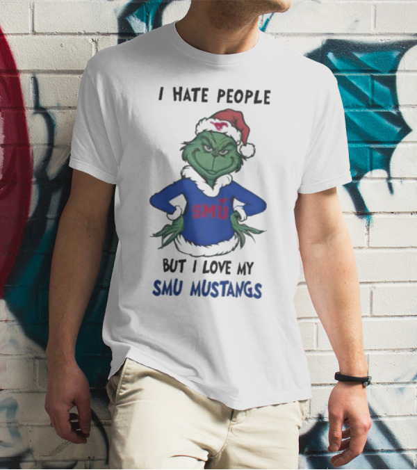 I Hate People But I Love My SMU Mustangs Grinch Santa Hat Christmas T-Shirt
