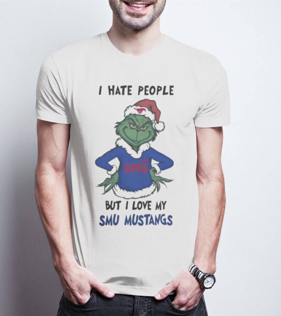 I Hate People But I Love My SMU Mustangs Grinch Santa Hat Christmas T-Shirt