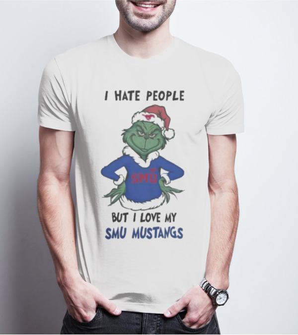I Hate People But I Love My SMU Mustangs Grinch Santa Hat Christmas T-Shirt