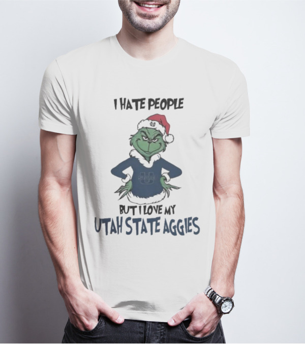 I Hate People But I Love My Utah State Aggies Grinch Christmas T-Shirt